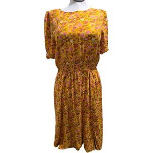 Loft Yellow & Pink Floral Midi Dress With Elastic Waist & Open Back Tie Detail